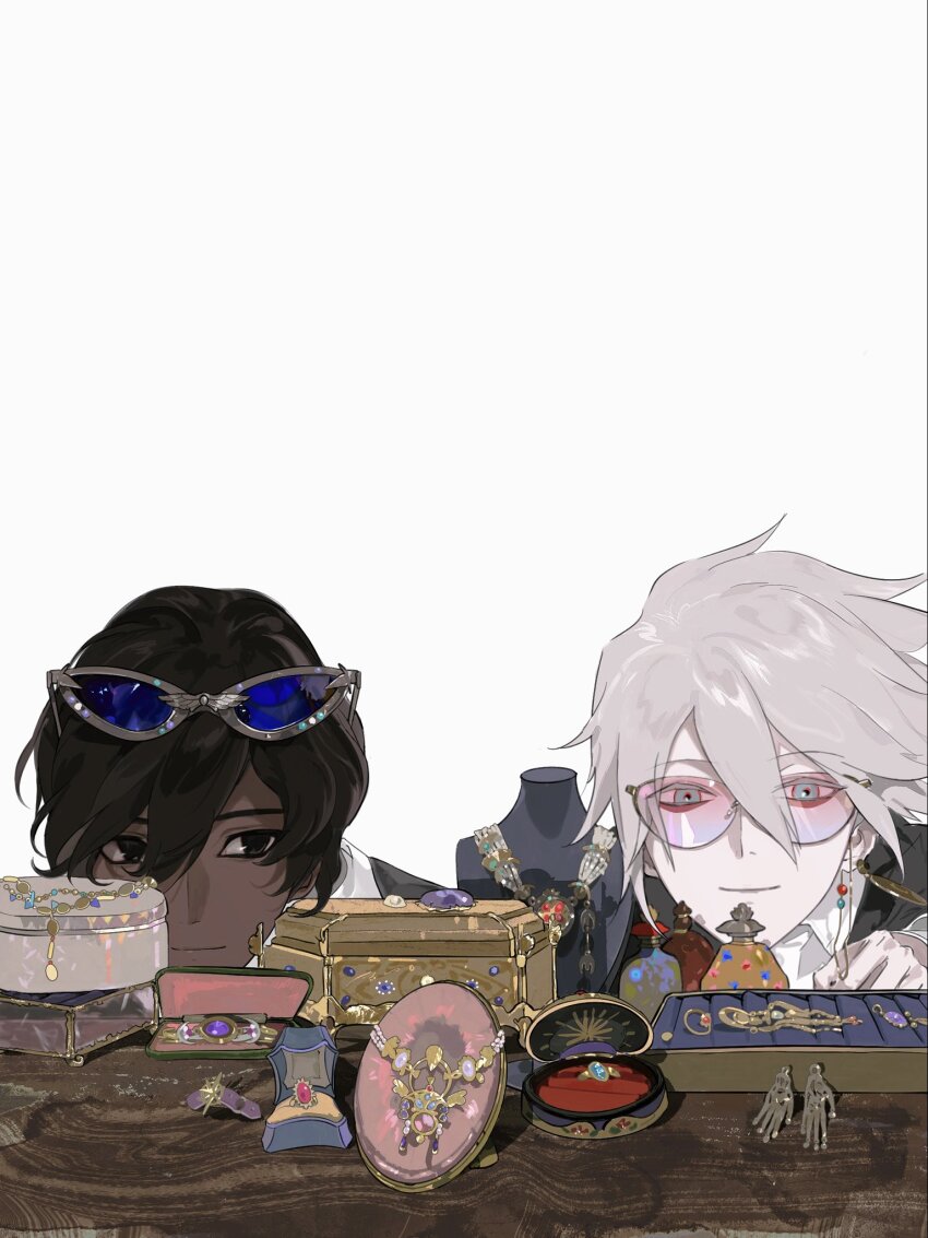 2boys arjuna_(fate) black_eyes black_hair blue-tinted_eyewear blue_eyes closed_mouth dark-skinned_male dark_skin earrings eyeshadow eyeshadow_under_eye eyewear_on_head fate/grand_order fate_(series) gem grey-framed_eyewear grey_background hair_between_eyes highres jewelry jewelry_box karna_(fate) lome13056637464 looking_at_another looking_at_object makeup male_focus multiple_boys necklace pale_skin pink-tinted_eyewear red_eyeshadow ring ring_box round_eyewear short_hair simple_background smile sunglasses tinted_eyewear unworn_jewelry white_hair