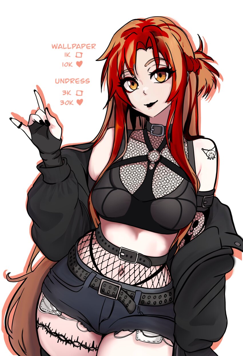 1girl absurdres alternate_costume asuna_(sao) bare_shoulders belt belt_collar black_gloves black_jacket black_lips breasts collar crop_top denim denim_shorts fishnets gloves goth_fashion highres jacket lipstick long_hair long_sleeves looking_at_viewer makeup medium_breasts midriff navel open_clothes open_jacket orange_eyes redpostit short_shorts shorts shoulder_tattoo simple_background smile solo sword_art_online tattoo thighhighs thighs upper_body white_background