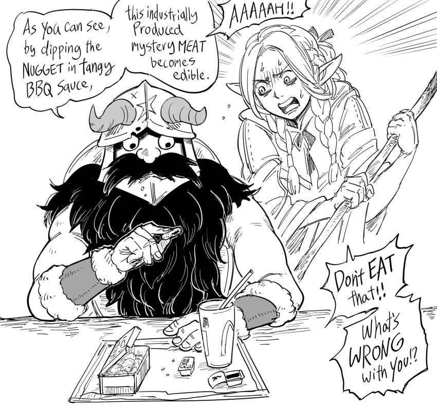 1boy 1girl bad_id bb_(baalbuddy) beard braid chicken_nuggets cloak dungeon_meshi dwarf eating elf english_text facial_hair fake_horns food greyscale helmet highres horned_helmet horns inactive_account marcille_donato mcdonald&#039;s monochrome mustache pointy_ears senshi_(dungeon_meshi) speech_bubble time_paradox truth twin_braids