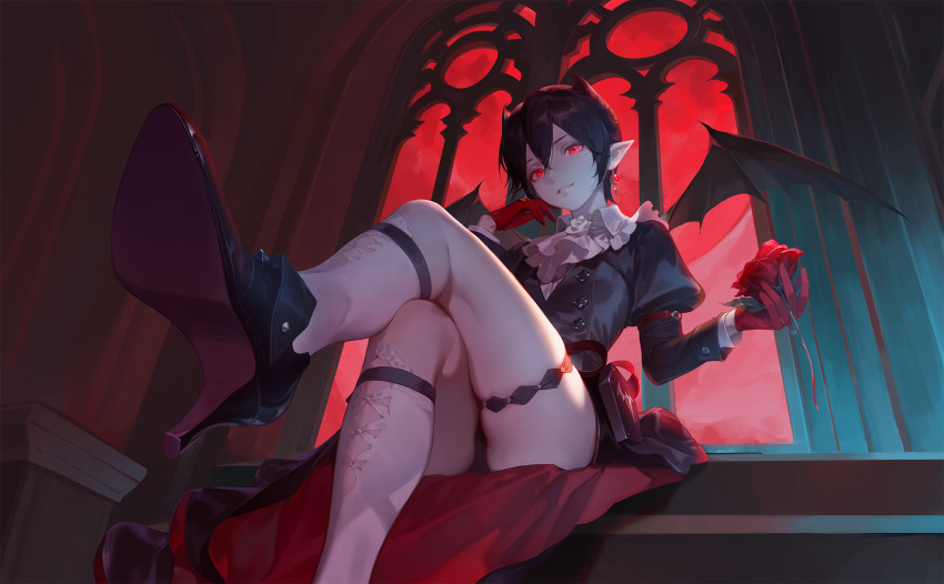 1girl arknights ascot black_dress black_hair black_panties black_shoes breasts crossed_legs dress earrings entelechia_(arknights) fanfanfanlove flower gloves glowing glowing_eyes hand_on_own_cheek hand_on_own_face head_tilt highleg highres holding holding_flower indoors jewelry juliet_sleeves kneehighs long_sleeves looking_at_viewer mole mole_under_eye moon panties pantyshot parted_lips pointy_ears pouch puffy_sleeves red_eyes red_flower red_gloves red_moon red_rose rose shoes short_hair sitting skindentation small_breasts smile socks solo thigh_strap underwear white_ascot white_flower white_rose white_socks wind