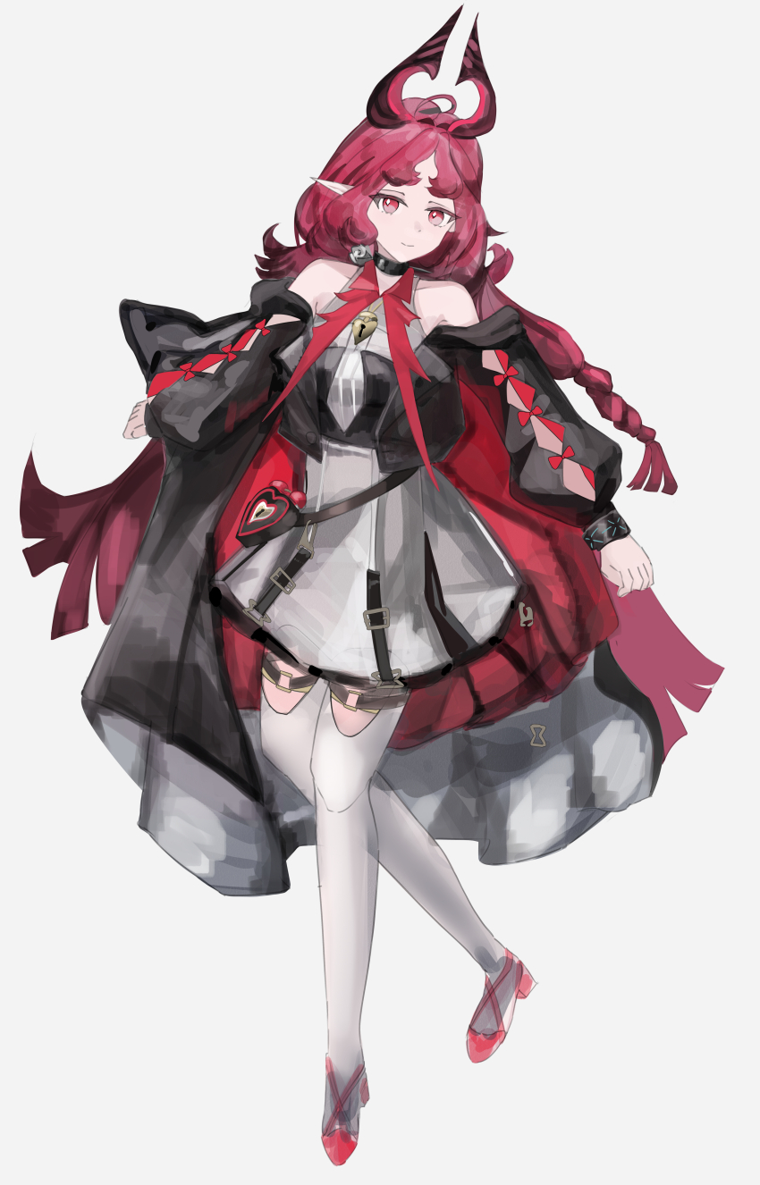 1girl absurdres arknights arm_cutout bare_shoulders bright_pupils closed_mouth commentary diamond-shaped_pupils diamond_(shape) full_body grey_background highres infection_monitor_(arknights) jewelry keyhole light_smile locket long_hair long_sleeves looking_at_viewer nymph_(arknights) pendant pink_eyes pink_hair pointy_ears runemore simple_background sketch solo symbol-shaped_pupils thighhighs white_pupils white_thighhighs