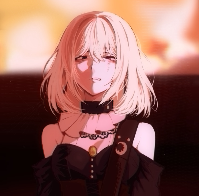 1girl bang_dream! bang_dream!_it&#039;s_mygo!!!!! bare_shoulders black_choker black_dress black_sash blonde_hair blue_eyes breasts can choker dress drink_can hair_between_eyes highres medium_breasts medium_hair misumi_uika off-shoulder_dress off_shoulder sash scowl shironism solo