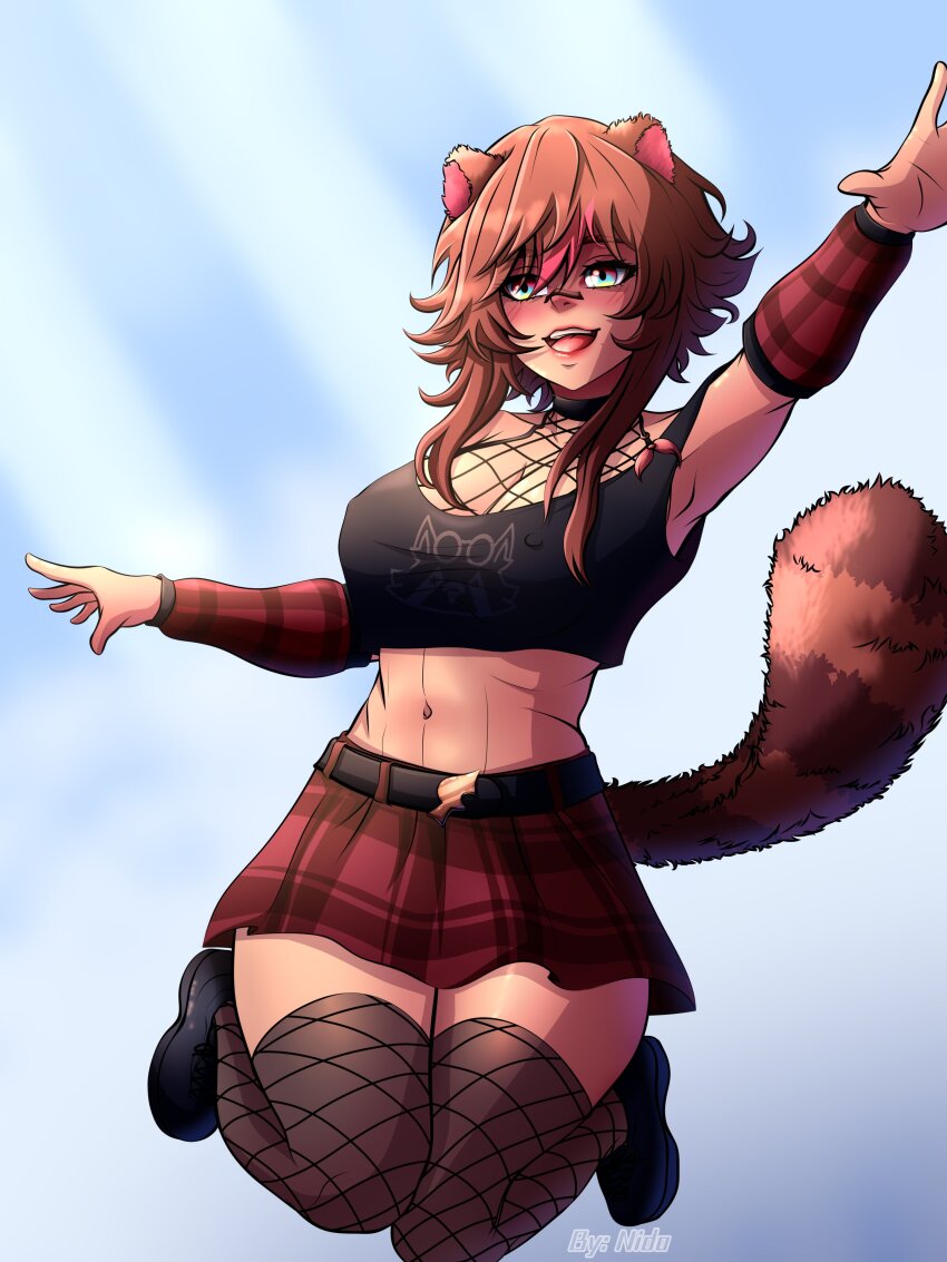 1girl absurdres affternido animal_ears aqua_eyes arm_up armpits artist_name belt black_shirt black_shoes black_thighhighs blue_sky blush breasts brown_hair cleavage covered_erect_nipples cropped_shirt day detached_sleeves emo_fashion eyebrows eyelashes female_focus fishnet_thighhighs fishnets full_body hand_up highres indie_virtual_youtuber jumping large_breasts looking_afar midriff navel open_mouth outstretched_arm raccoon_ears raccoon_girl raccoon_tail rakkun_sutaru rakkun_sutaru_(3rd_costume) red_skirt red_sleeves shirt shoes short_hair_with_long_locks sidelocks skirt sky sleeveless sleeveless_shirt smile solo tail teeth thighhighs tongue upper_teeth_only virtual_youtuber