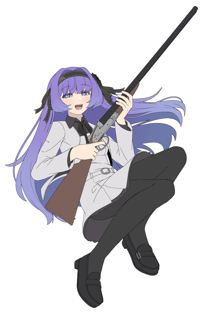 1girl :d absurdres bismuth_(paravene) black_bow black_hairband black_pantyhose black_shirt black_shoes blue_hair bow breasts collared_shirt dress floating_hair full_body gradient_hair grey_dress grey_jacket gun hair_bow hairband highres holding holding_gun holding_weapon jacket loafers long_hair looking_at_viewer multicolored_hair open_mouth original pantyhose purple_eyes purple_hair shirt shoes shotgun simple_background small_breasts smile solo very_long_hair weapon weapon_request white_background
