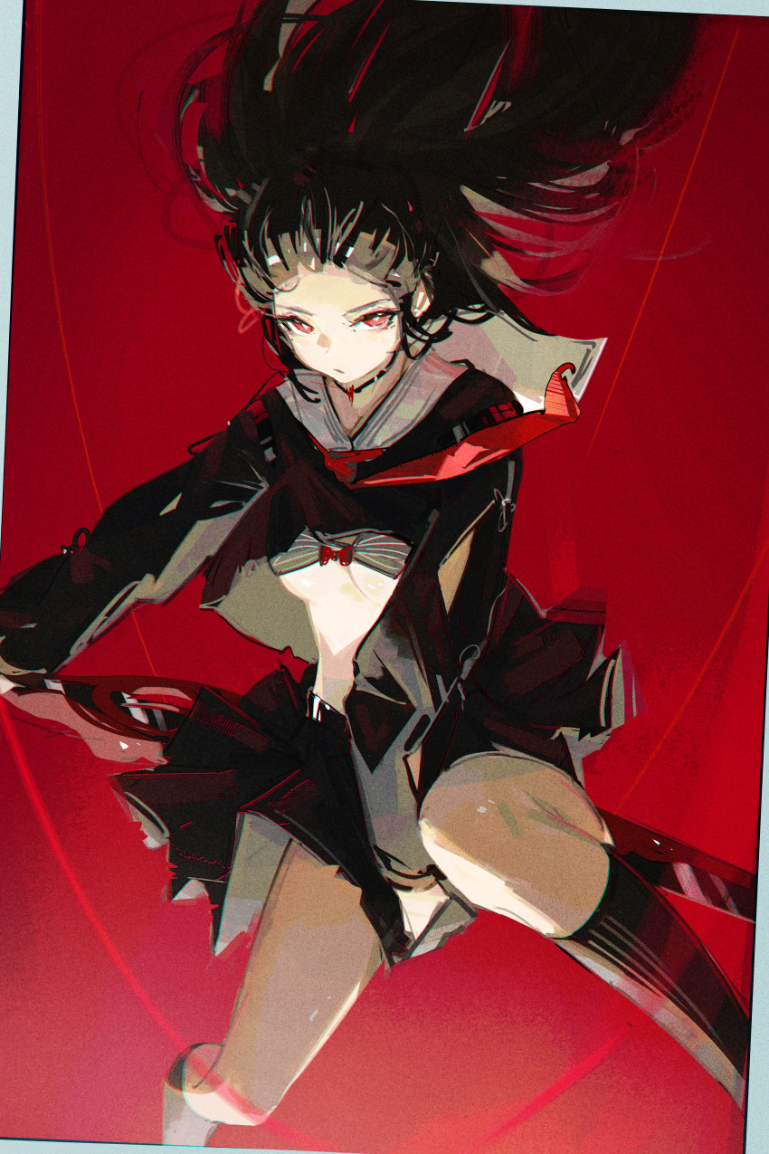 1girl absurdres black_bra black_choker black_hair black_shirt black_skirt black_socks bow bow_bra bra bright_pupils chisa_(wuthering_waves) choker chromatic_aberration closed_mouth clothes_lift commentary dudrinm floating_hair highres holding holding_behind_back holding_sword holding_weapon looking_at_viewer neckerchief red_eyes red_neckerchief sailor_collar shirt shirt_lift skirt socks solo sword underwear weapon white_pupils white_sailor_collar wuthering_waves