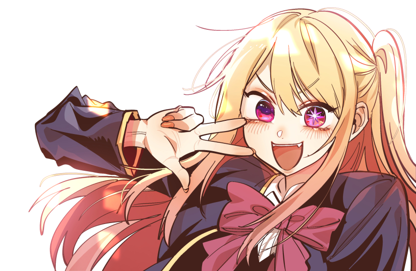 1girl blonde_hair bow bowtie commentary_request fangs hair_between_eyes highres hoshino_ruby korean_commentary long_hair long_sleeves looking_at_viewer margare mismatched_pupils multicolored_hair nail_polish one_side_up open_mouth oshi_no_ko pink_eyes red_bow red_bowtie red_hair red_nails school_uniform simple_background solo star-shaped_pupils star_(symbol) symbol-shaped_pupils upper_body w white_background youtou_high_school_uniform
