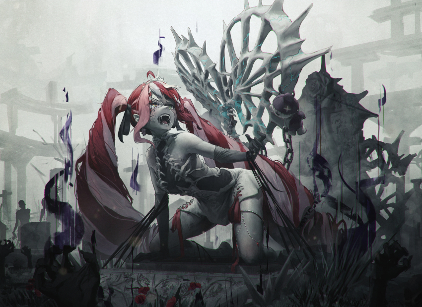 1girl absurdres chain colored_skin dress elbow_gloves fangs gloves graveyard grey_skin hair_ribbon heterochromia highres hololive hololive_indonesia kokono_ka kureiji_ollie kureiji_ollie_(rebirth) long_hair multicolored_hair official_alternate_costume open_mouth overcast patchwork_skin red_hair ribbon sky solo_focus stitched_face stitched_torso stitches streaked_hair tiara tombstone twintails udin_(kureiji_ollie) very_long_hair virtual_youtuber white_dress zombie