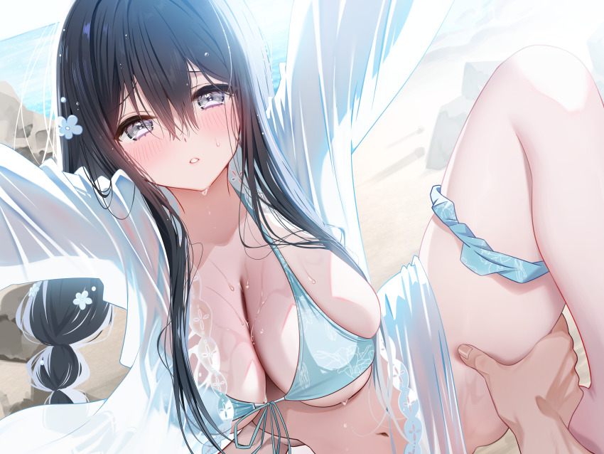 1girl 1other aqua_bikini beach bikini bikini_around_one_leg black_hair blush braid breasts cleavage dutch_angle flower grey_eyes hair_between_eyes hair_flower hair_ornament highres large_breasts long_hair looking_at_viewer navel non-web_source open_clothes open_shirt original outdoors panties panty_pull parted_lips piyopoyo pov pov_hands shirt sidelocks skindentation standing standing_on_one_leg swimsuit thighs underwear wet wet_clothes white_shirt