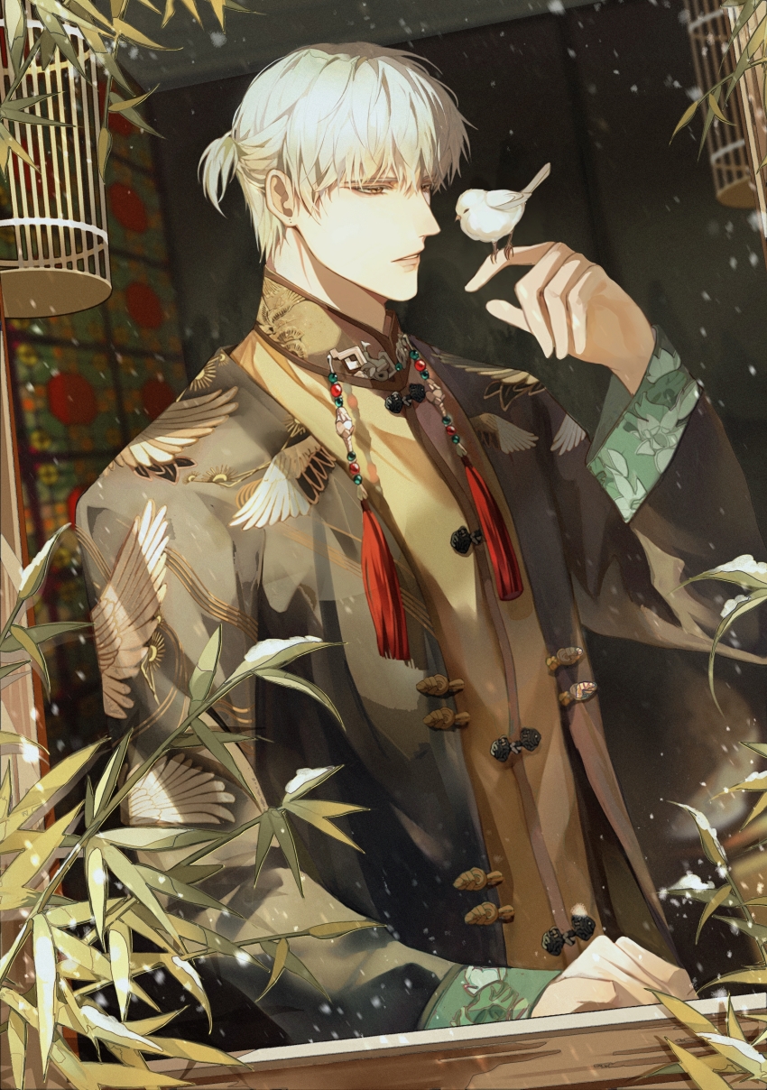 1boy absurdres bamboo bird bird_on_hand birdcage black_jacket cage chinese_clothes chinese_commentary from_outside hair_between_eyes half_updo hand_up highres indoors jacket light_and_night_love long_sleeves looking_at_animal male_focus neck_tassel open_clothes open_jacket open_window parted_lips qi_sili shirt short_hair sleeve_cuffs snow snowing solo tangzhuang tassel upper_body white_hair window wing_print yellow_eyes yellow_shirt youshangdexianyuwangzi