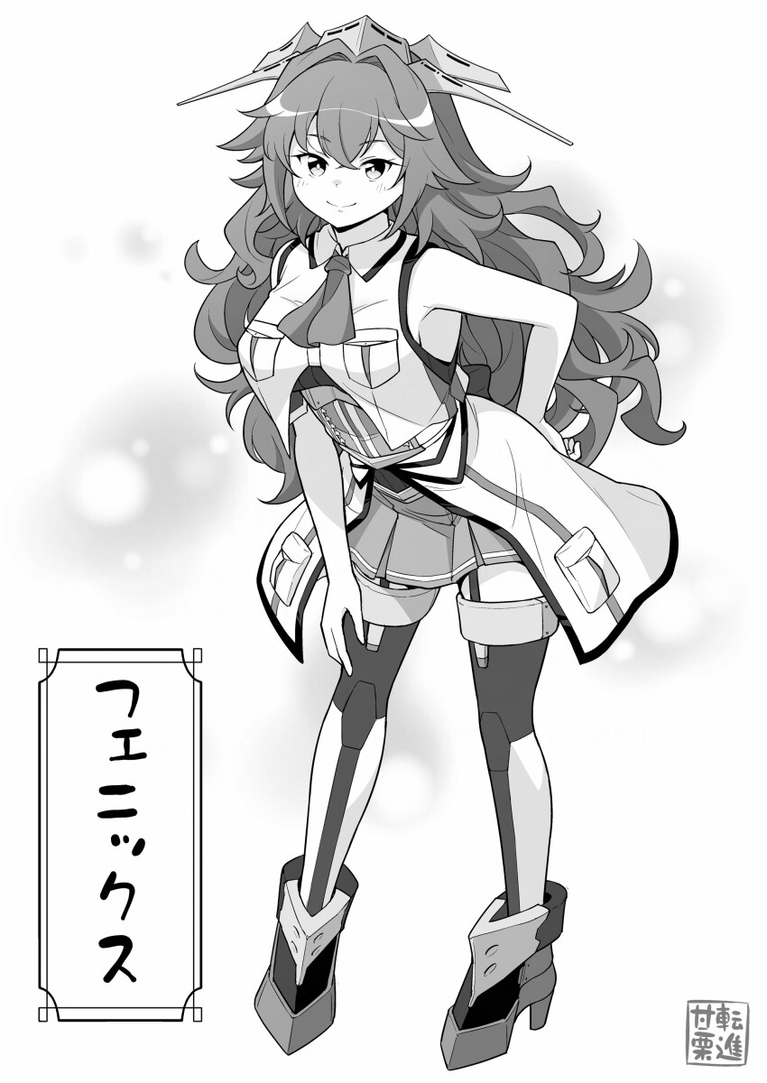 1girl absurdres breast_pocket character_name commentary_request full_body garter_straps greyscale headgear highres kantai_collection leaning_forward looking_at_viewer messy_hair military_uniform monochrome neckerchief overskirt phoenix_(kancolle) pocket sleeveless sleeveless_jacket smile solo tenshin_amaguri_(inobeeto) thighhighs wavy_hair