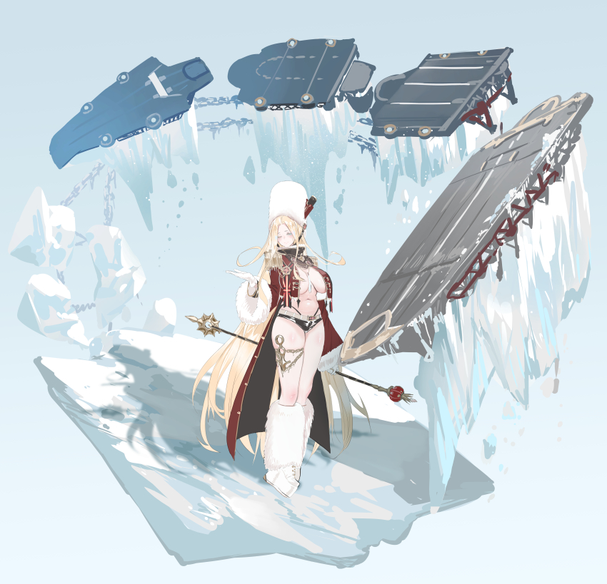 1girl absurdres azur_lane black_shorts blonde_hair blue_eyes blush boots breasts cleavage closed_mouth coat commentary dishwasher1910 english_commentary epaulettes floating floating_object full_body fur_boots fur_hat gloves grey_background hat highleg highleg_panties highres holding holding_scepter ice jewelry large_breasts long_hair micro_shorts navel necklace no_bra one_eye_closed open_clothes open_coat original panties papakha platform_boots red_coat scepter shorts smile solo thighlet underwear very_long_hair white_gloves white_hat