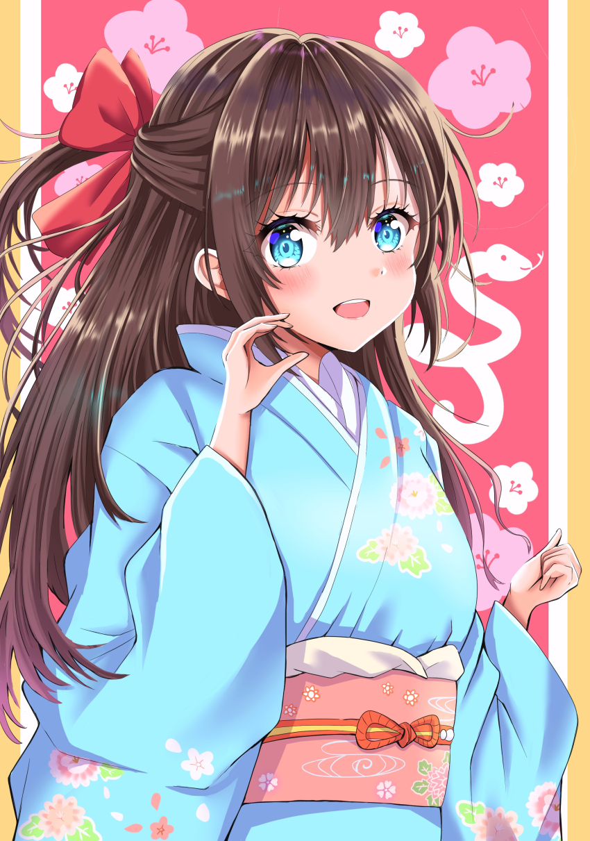 1girl blue_eyes floral_print floral_print_kimono japanese_clothes kimono long_hair looking_at_viewer love_live! love_live!_nijigasaki_high_school_idol_club maymaru new_year open_mouth osaka_shizuku print_kimono smile solo standing