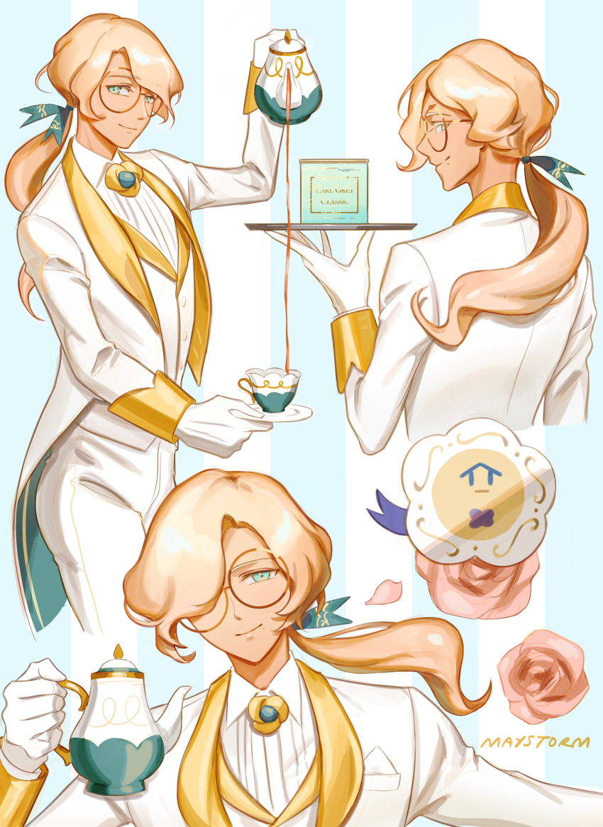 1boy absurdres androgynous arm_up artist_name blonde_hair blue_background bow brooch brown-framed_eyewear buttons closed_mouth collared_shirt commentary commentary_request cookie_run cookie_run:_ovenbreak cropped_legs cropped_torso cup earl_grey_cookie english_commentary flower from_behind glasses gloves gold_sleeve_cuffs gold_trim green_bow hair_bow hair_over_one_eye highres holding holding_plate holding_teapot holding_tray jacket jewelry lapels looking_at_viewer low_ponytail male_focus mayst0rm mixed-language_commentary multiple_views one_eye_covered open_clothes open_jacket pants pink_flower pink_rose plate ponytail portrait rose round_eyewear shirt simple_background sleeve_cuffs smile standing striped_background teacup teapot tray two-tone_background vest white_background white_gloves white_jacket white_pants white_shirt white_vest