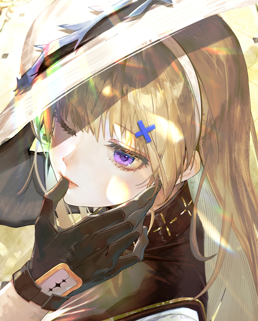 1boy 1girl absurdres black_collar black_gloves blonde_hair chinese_commentary closed_mouth collar commentary_request finger_to_another&#039;s_mouth gloves hair_ornament hat highres jin_sumire long_hair looking_at_another male_rover_(wuthering_waves) one_eye_closed phoebe_(wuthering_waves) portrait purple_eyes rover_(wuthering_waves) solo_focus tacet_mark_(wuthering_waves) white_hat wuthering_waves x_hair_ornament