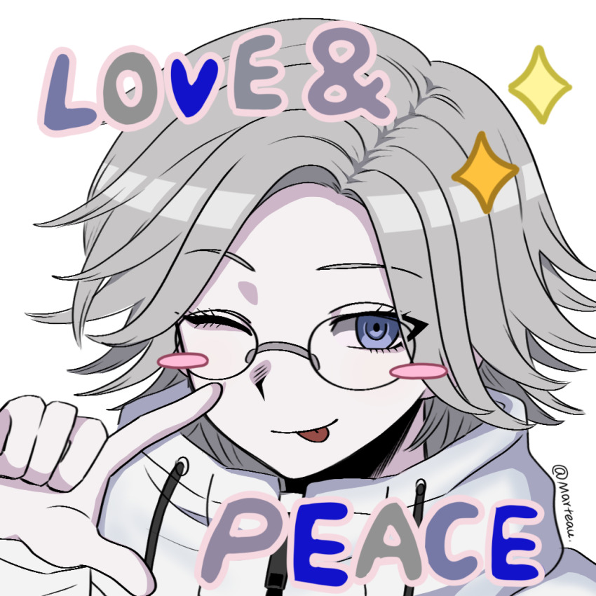 1boy :p aotsuki_eito blush_stickers catchphrase chinese_commentary drawstring glasses grey_hair jacket male_focus metaphor42 pointing pointing_at_self portrait purple_eyes short_hair simple_background smile sparkle the_hundred_line_-last_defense_academy- tongue tongue_out white_background white_jacket