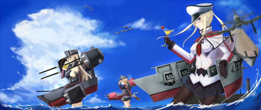 10s 3girls aircraft airplane alcohol anchor_hair_ornament anchor_symbol beer beer_bottle beer_mug bismarck_(kancolle) blonde_hair blue_eyes bomber brown_gloves cloud cocktail_glass cup day detached_sleeves dock drinking_glass gloves graf_zeppelin_(kancolle) green_eyes grey_eyes hair_ornament highres kantai_collection lighthouse long_hair looking_at_viewer mag mag_(mag42) martini mecha_musume military military_vehicle miniskirt mug multiple_girls necktie ocean panties pantyhose pleated_skirt prinz_eugen_(kancolle) skirt sky thighhighs twintails underwear white_gloves