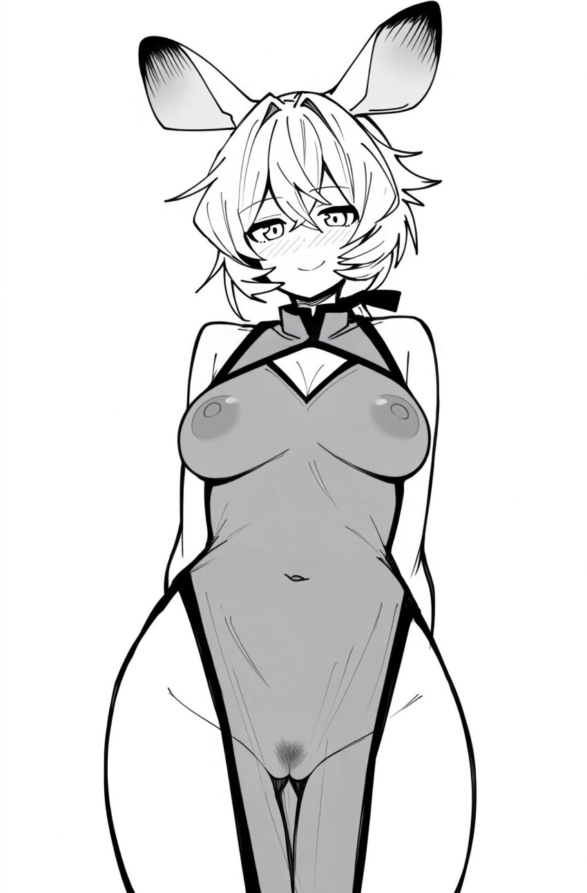 1girl alternate_costume animal_ears arknights arms_behind_back bare_shoulders blush breasts china_dress chinese_clothes cleavage cleavage_cutout closed_mouth clothing_cutout come_hither commentary_request cowboy_shot crossed_bangs dorothy_(arknights) dot_nose dress female_pubic_hair from_below greyscale groin hair_between_eyes hair_intakes highres large_breasts looking_at_viewer makigirisu medium_breasts monochrome navel nipples pubic_hair pussy see-through_clothes see-through_dress simple_background sleeveless sleeveless_dress smile solo standing white_background