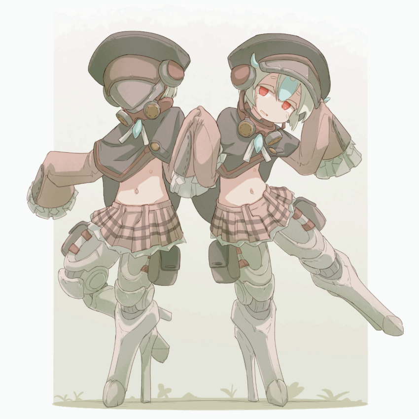 1boy 1girl arms_up brooch extra_nipples frilled_skirt frilled_sleeves frills gas_mask hat highres jewelry leg_up made_in_abyss mask mechanical_legs menae_(made_in_abyss) midriff multicolored_hair navel nipples player193 poncho pouch red_eyes sherumi_(made_in_abyss) short_hair siblings simple_background skirt sleeves_past_fingers sleeves_past_wrists standing thigh_pouch twins visor_cap white_hair