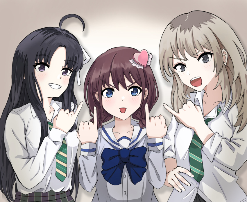 3girls ahoge awa_subaru black_hair blue_bow blue_bowtie blush bow bowtie brown_hair clenched_teeth collarbone collared_shirt commentary diagonal-striped_clothes diagonal-striped_necktie dress_shirt girls_band_cry green_necktie grey_eyes grey_hair grey_shirt hair_ornament hair_ribbon hand_on_own_hip heart heart_hair_ornament iseri_nina kawaragi_momoka long_hair long_sleeves low_twintails multicolored_hair multiple_girls necktie parted_bangs pinky_out plaid_clothes plaid_skirt purple_eyes ribbon roots_(hair) sagittarius_(cruxhkg) sailor_collar school_uniform serafuku shirt shirt_tucked_in short_hair short_twintails sidelocks skirt striped_clothes teeth tongue tongue_out twintails upper_body upper_teeth_only white_ribbon white_sailor_collar white_shirt
