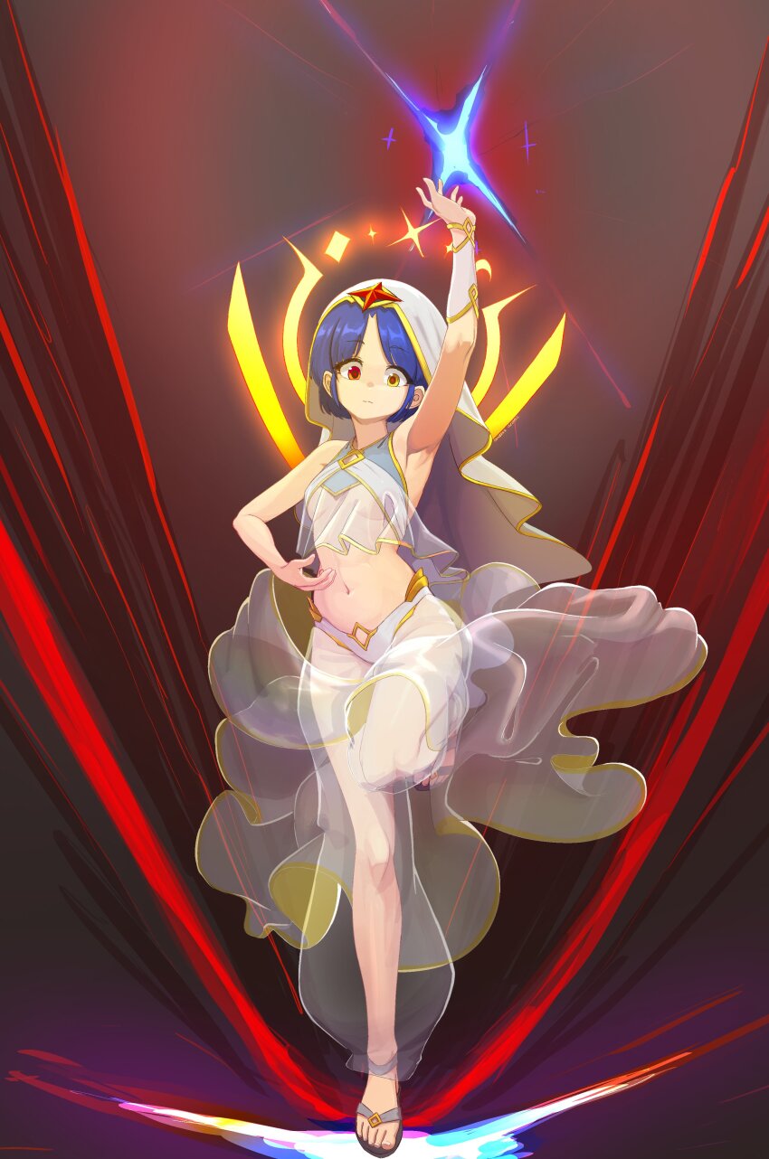 1girl absurdres arm_up bare_legs breasts dancer full_body heterochromia highres math midriff navel original red_eyes sandals see-through_clothes short_hair single_bracer small_breasts solo standing standing_on_one_leg suweeka toes underboob veil yellow_eyes