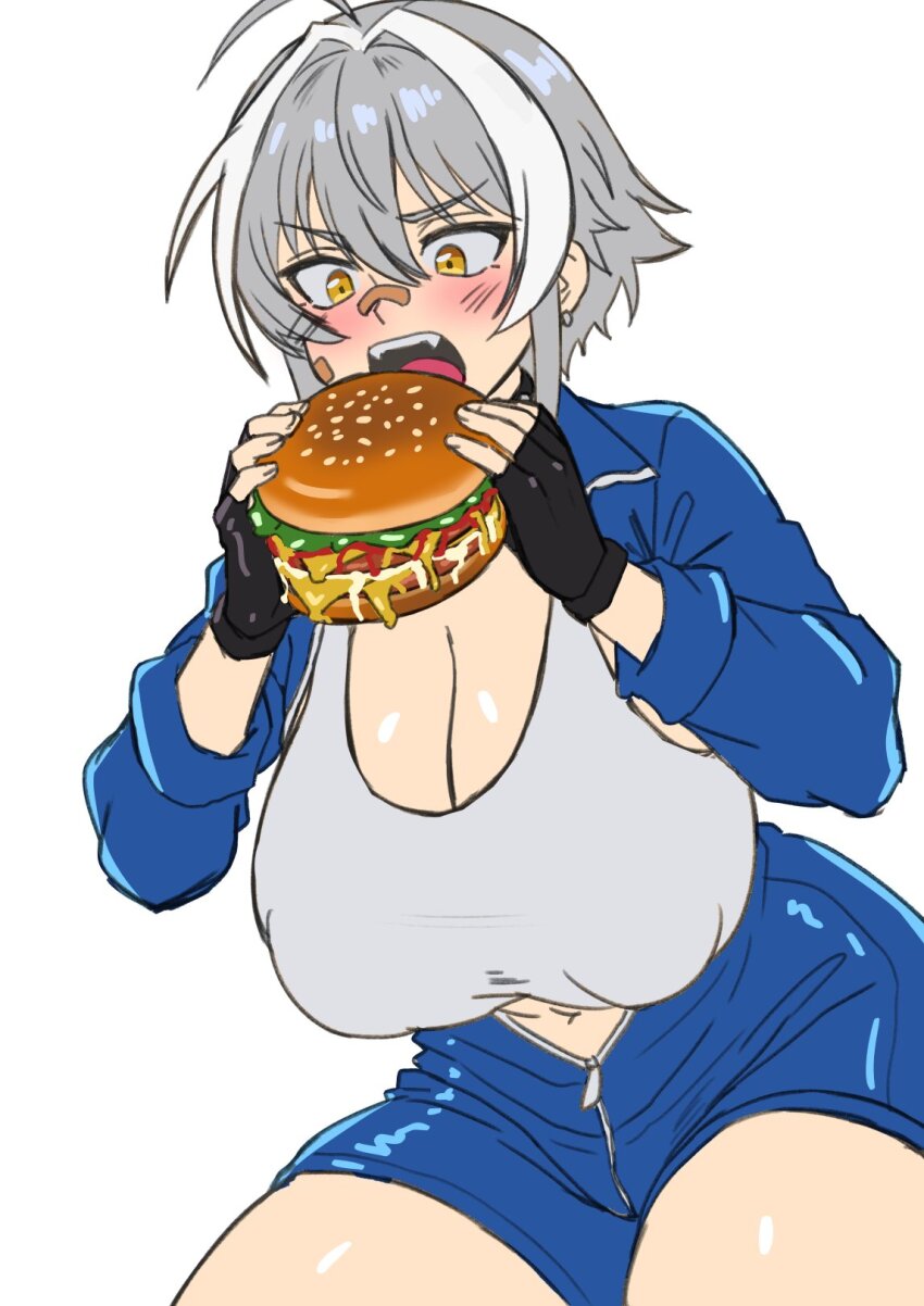 1girl ahoge alternate_breast_size bandaid bandaid_on_face bandaid_on_nose blue_jumpsuit blush breasts burger cheese cleavage duo_kawa food gloves goddess_of_victory:_nikke grey_hair hair_intakes highres holding holding_burger holding_food huge_breasts jumpsuit ketchup mori_(nikke) multicolored_hair open_jumpsuit open_mouth short_hair short_jumpsuit solo streaked_hair yellow_eyes