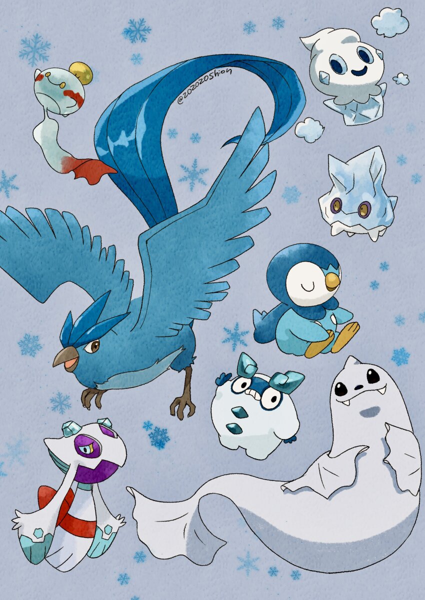 absurdres articuno bergmite bird black_eyes blue_background chimecho closed_eyes closed_mouth dewgong fangs froslass full_body galarian_darumaka galarian_form gen_1_pokemon gen_3_pokemon gen_4_pokemon gen_5_pokemon gen_6_pokemon gen_8_pokemon highres legendary_pokemon nintendo no_humans piplup pokemon pokemon_(creature) simple_background sitting smile snow snowflakes twitter_username vanillite wings zozozoshion