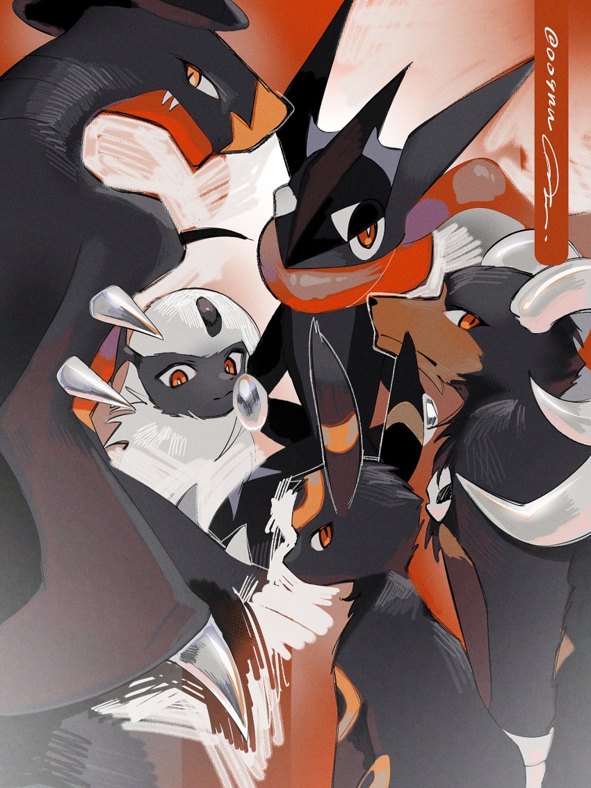 absol alternate_color black_fur claws fangs garchomp gen_2_pokemon gen_3_pokemon gen_4_pokemon gen_6_pokemon greninja highres horns houndoom kashiwa_gnu looking_at_viewer nintendo no_humans orange_eyes pokemon pokemon_(creature) red_eyes shiny_pokemon simple_background twitter_username umbreon