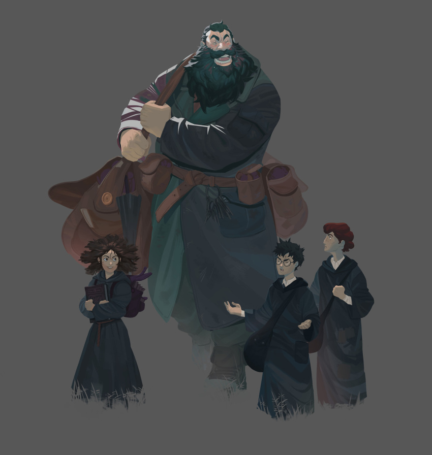 1girl 2015 3boys backpack bag beard belt_bag black_hair book brown_hair closed_eyes curly_hair facial_hair giant glasses grey_background happy harry_potter harry_potter_(series) hermione_granger highres holding holding_book long_beard multiple_boys nesskain open_mouth red_hair ron_weasley rubeus_hagrid school_bag school_uniform shoulder_bag simple_background size_difference thick_beard umbrella very_long_beard wizarding_world