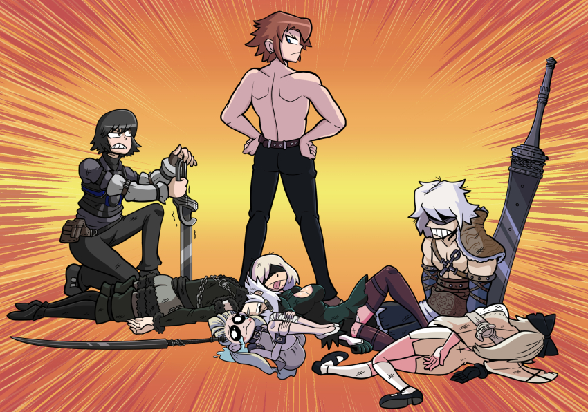 2b_(nier:automata) action_lines angry armor bandaged_leg bandages belt black_dress black_eyes black_hair blue_eyes blush bow brown_hair caim_(drag-on_dragoon) chain commission commissioner_upload damaged detached_sleeves drag-on_dragoon drag-on_dragoon_1 drag-on_dragoon_2 drag-on_dragoon_3 dress facing_away family_guy_death_pose_(meme) fio_(nier) frown greatsword hair_bow hair_ornament highres kevin_arthur kneeling long_hair looking_back low_twintails lying mole nier nier:automata nier_(brother) nier_(father) nier_(series) nier_reincarnation non-web_source nowe on_back on_stomach orange_background panties pants ponytail shoes short_hair shoulder_pads simple_background socks sword tears tongue tongue_out topless_male torn_clothes twintails underwear weapon white_dress white_hair zero_(drag-on_dragoon)