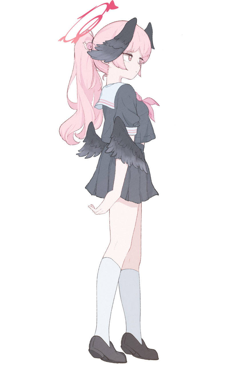 1girl absurdres black_shirt black_skirt black_wings blue_archive closed_mouth commentary_request dot_mouth feathered_wings from_side full_body halo head_wings highres hrna kneehighs koharu_(blue_archive) loafers long_hair low_wings neckerchief pink_eyes pink_hair pink_neckerchief ponytail shirt shoes short_sleeves simple_background skirt snail snail_on_head socks solo white_background white_socks wings