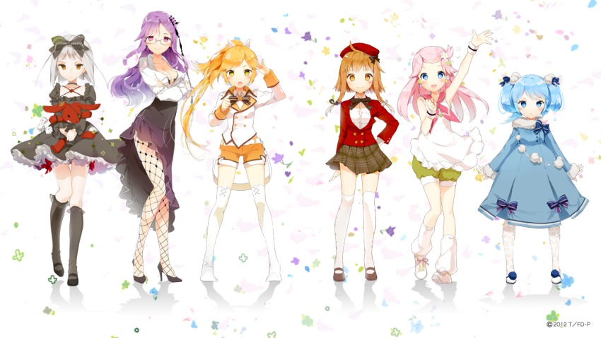 10s 2012 6+girls :d akari_(fantasista_doll) anmi arm_up blonde_hair blue_eyes blue_hair blush breasts brown_eyes brown_hair cleavage crossed_arms dice dress earrings fantasista_doll fishnet_pantyhose fishnets glasses hair_ribbon holding jewelry katia_(fantasista_doll) looking_at_viewer madeleine_(fantasista_doll) multiple_girls open_mouth pantyhose pink_hair plaid_clothes plaid_skirt ponytail purple_eyes purple_hair ribbon sasara_(fantasista_doll) shimeji_(fantasista_doll) shorts silver_hair skirt smile star_(symbol) star_earrings stuffed_animal stuffed_rabbit stuffed_toy thighhighs uno_uzume waving white_legwear yellow_eyes