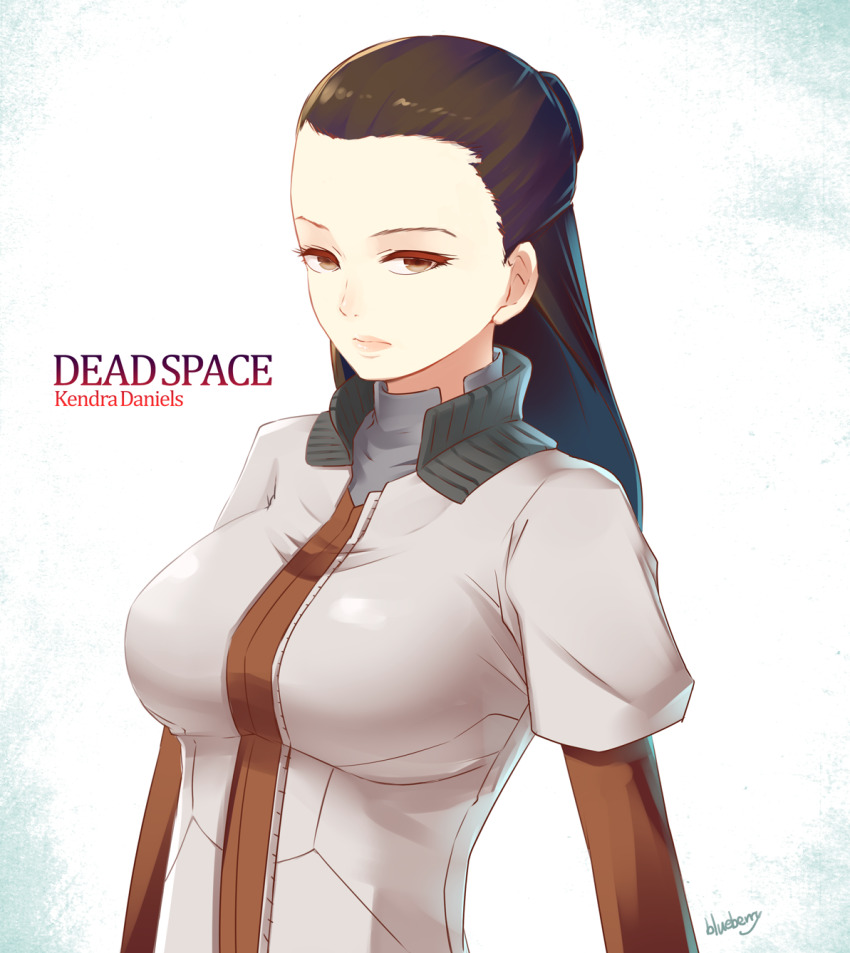 1girl animification black_hair blueberry_(5959) breasts brown_eyes character_name closed_mouth copyright_name dead_space highres kendra_daniels lips looking_at_viewer signature solo