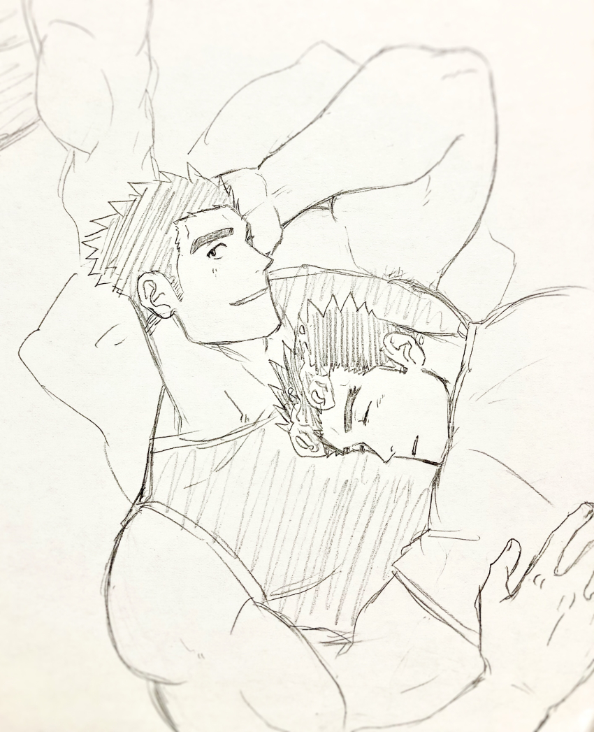 3boys absurdres bara bare_shoulders between_pecs between_pectorals fiery_hair fiery_horns fle0423 graphite_(medium) greyscale hand_on_own_head head_between_pecs highres horns large_pectorals light_blush lying_on_person male_focus protagonist_3_(housamo) monochrome multiple_boys muscular muscular_male pectoral_pillow pectorals pillow sakimori_toji shirt short_hair sideburns sketch sleeping sleeping_on_person sleeveless sleeveless_shirt smile tokyo_houkago_summoners traditional_media