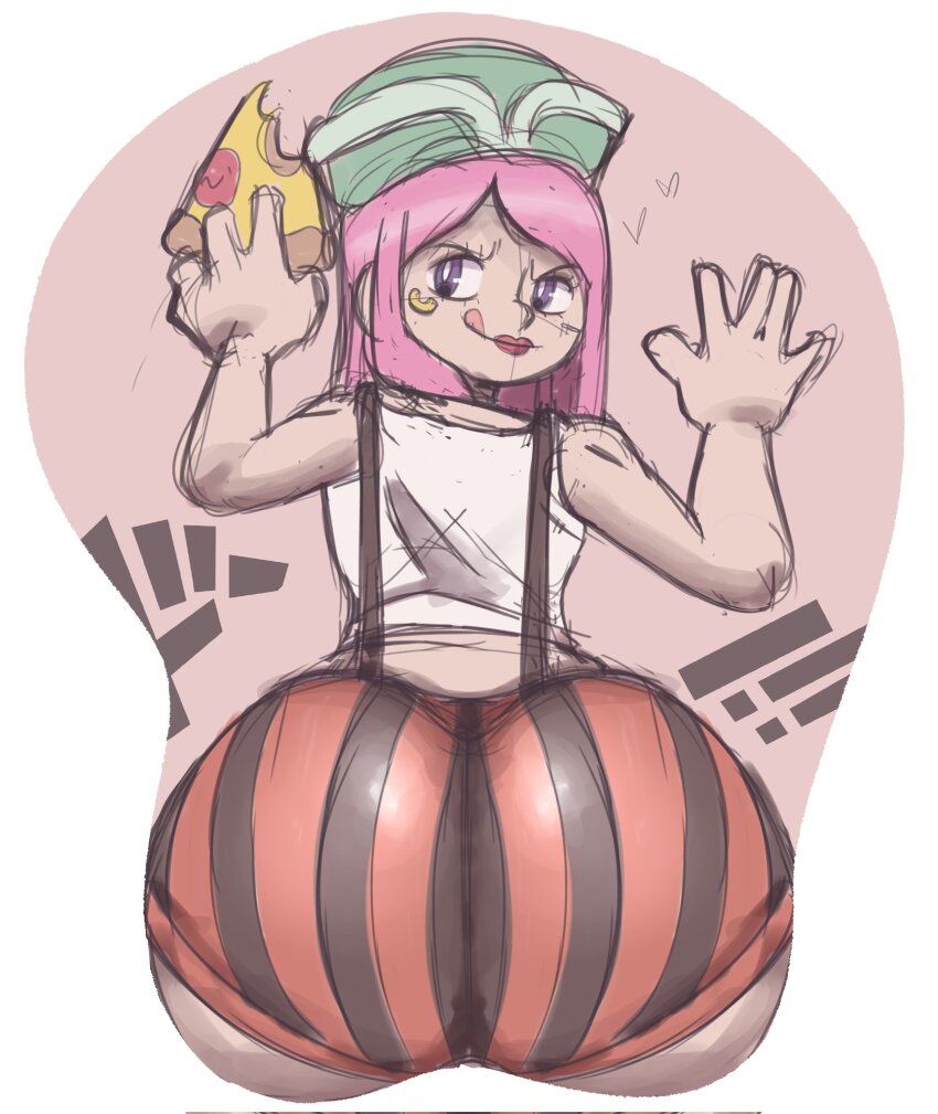 ass cheek_piercing face_piercing food highres huge_ass jewelry_bonney kyojiri_loli licking_lips lipstick loli looking_at_viewer looking_back makeup mousepad_(object) one_piece patateroart piercing pink_hair pizza purple_eyes shirt short_shorts shorts sleeveless smile striped_clothes striped_shorts suspenders tongue tongue_out white_shirt