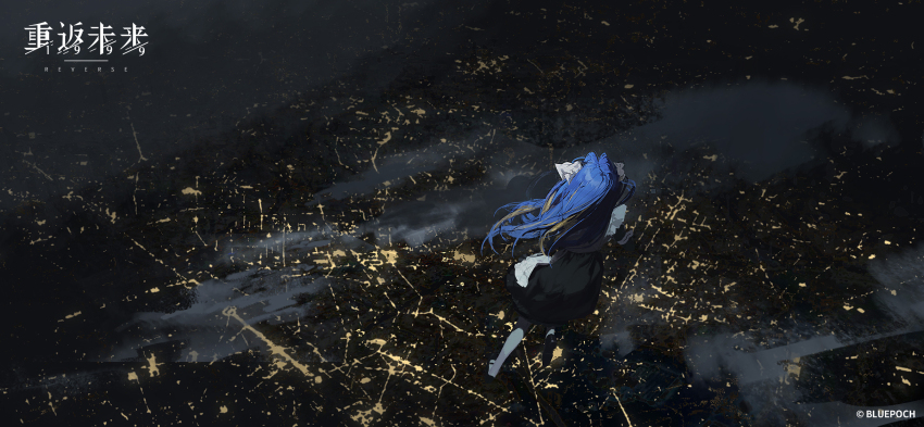 1girl above_clouds apron black_dress black_shoes blonde_hair blue_hair city_lights cloud colored_inner_hair copyright_name copyright_notice dress facing_away floating from_above highres logo long_hair multicolored_hair night official_art official_wallpaper pantyhose reverse:1999 school_uniform shoes solo soviet_school_uniform voyager_(reverse:1999) white_apron white_pantyhose wide_shot