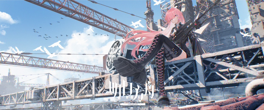 1girl absurdres arknights black_boots black_jacket boots closed_mouth cloud commentary construction_site copyright_name crane_(machine) crossed_legs day de4d_fish english_commentary full_body gun halo highres jacket lemuen_(arknights) long_hair long_sleeves looking_at_viewer outdoors pink_eyes pink_hair rifle shoe_soles sitting smile sniper_rifle solo sunlight thigh_boots traditional_halo very_long_hair weapon white_halo wind