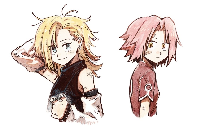 2girls 79x_(ox79xo) blonde_hair blue_eyes closed_mouth cropped_torso detached_sleeves dress haruno_sakura highres long_sleeves looking_at_viewer medium_hair multiple_girls naruto_(classic) naruto_(series) pink_hair red_dress short_hair short_sleeves smile upper_body yamanaka_ino