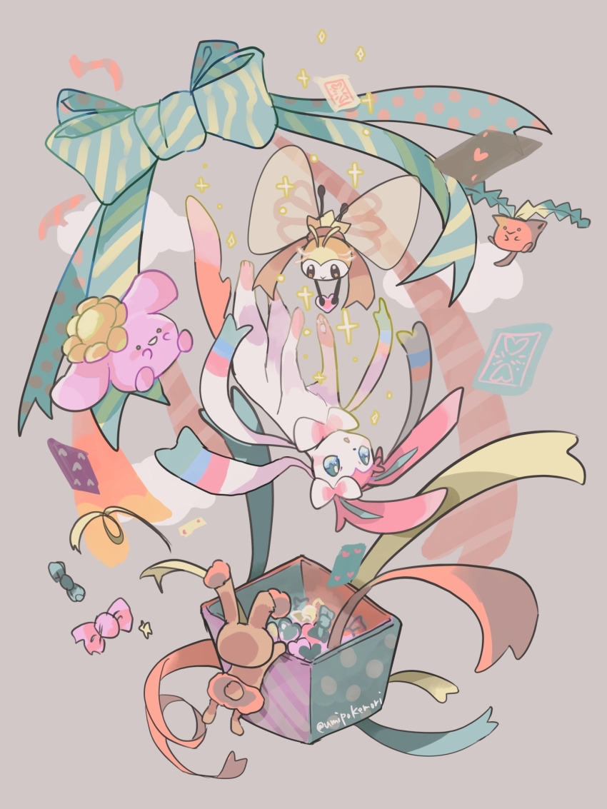 ace_(playing_card) ace_of_hearts alternate_color animal_focus buneary candy card five_of_hearts food full_body game_freak gen_2_pokemon gen_4_pokemon gen_6_pokemon gen_7_pokemon grey_background heart highres hoppip nintendo no_humans playing_card pokemon pokemon_(creature) ribbon ribombee shiny_pokemon simple_background skiploom sparkle striped_ribbon sylveon twitter_username umipokemori wrapped_candy
