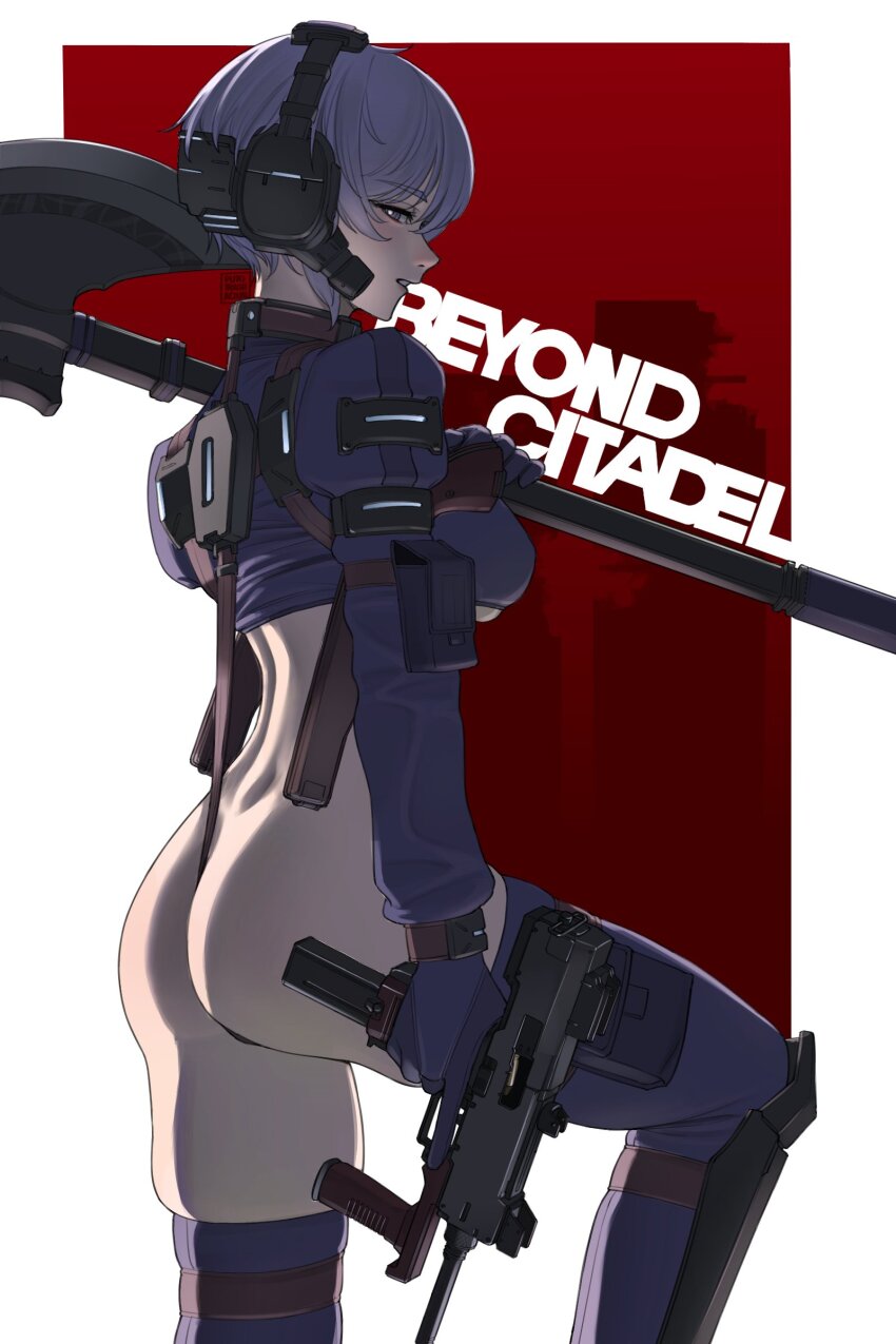 1girl 9x19mm_parabellum absurdres ammunition artist_name ass asymmetrical_dual_wielding axe beyond_citadel border breasts bright_pupils bullet cowboy_shot cropped_jacket dual_wielding english_text gun halberd half-closed_eyes handgun_cartridge headset highres holding holding_axe holding_gun holding_weapon holster knee_up long_sleeves looking_at_viewer looking_to_the_side martyr_(the_citadel) medium_breasts minebea_pm-9 outside_border parted_lips pistol_cartridge polearm pouch purple_eyes purple_hair purple_thighhighs puto_trash red_background revealing_clothes ringed_eyes short_hair shoulder_holster skindentation sleeve_pouch solo submachine_gun teeth the_citadel thigh_pouch thighhighs thong underboob weapon white_background white_border white_pupils