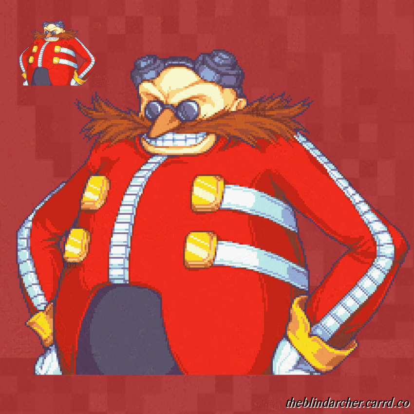 1boy bad_tag bald blue-tinted_eyewear brown_facial_hair dr._eggman facial_hair fire_emblem gloves goggles helmet highres long_sleeves male_focus mustache nintendo official_style pixel_art sonic_(series) theblindarcher tinted_eyewear white_gloves
