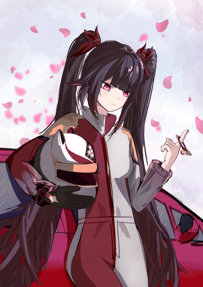 1girl absurdres against_vehicle black_gloves blush bodysuit bow brown_hair car_keys closed_mouth cowboy_shot day eyeliner falling_petals gloves gradient_hair hair_bow helmet highres holding holding_helmet holding_key honkai:_star_rail honkai_(series) hugging_object key long_bangs long_hair long_sleeves looking_down makeup motorcycle_helmet multicolored_hair outdoors petals pink_eyes racing_suit red_bodysuit red_bow red_eyeliner red_hair sidelocks single_glove solo sparkle_(honkai:_star_rail) two-tone_bodysuit very_long_hair vyfrit white_bodysuit