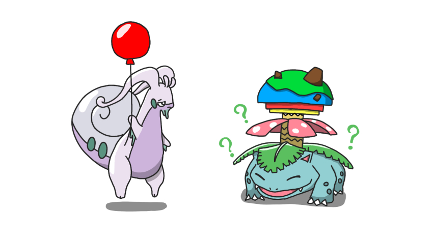 ? air_balloon_(pokemon) animal_focus artist_request bright_pupils claws creatures_(company) floating full_body game_freak gameplay_mechanics gen_1_pokemon hisuian_goodra looking_at_another nintendo no_humans pokemon pokemon_(creature) simple_background smile terastallization venusaur white_background white_pupils
