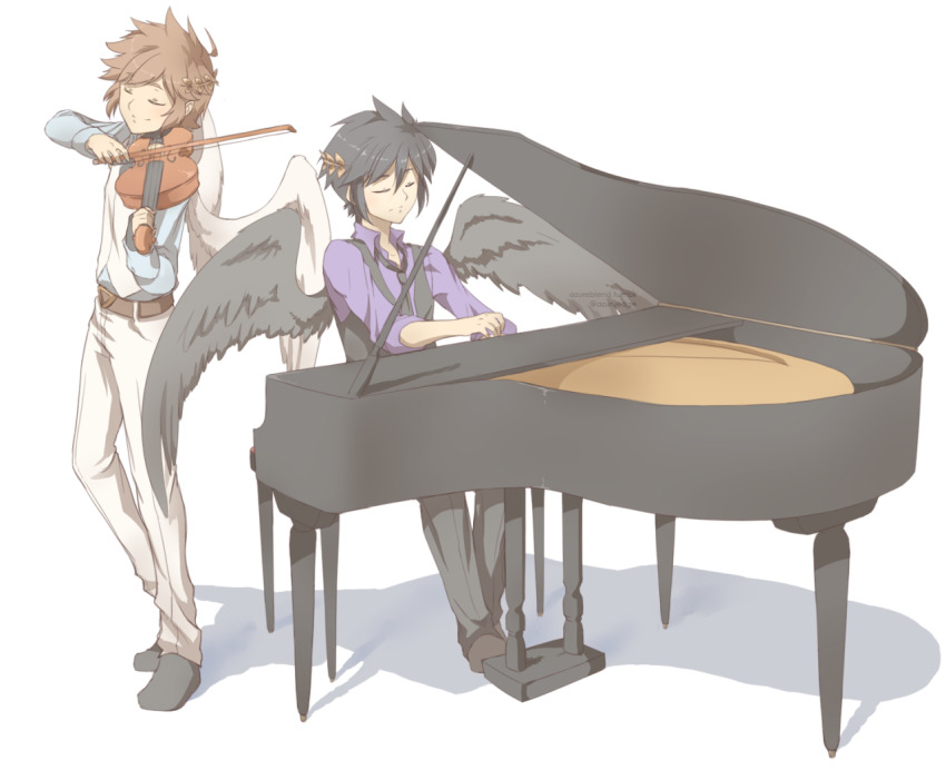 2boys ahoge alternate_costume angel angel_wings azuru_(cyandine) black_hair bow_(music) brown_hair closed_eyes collared_shirt dark_pit full_body holding holding_bow_(music) holding_instrument holding_violin instrument kid_icarus kid_icarus_uprising laurel_crown male_focus multiple_boys music nintendo pit_(kid_icarus) playing_instrument playing_piano purple_shirt shirt simple_background violin white_background wings