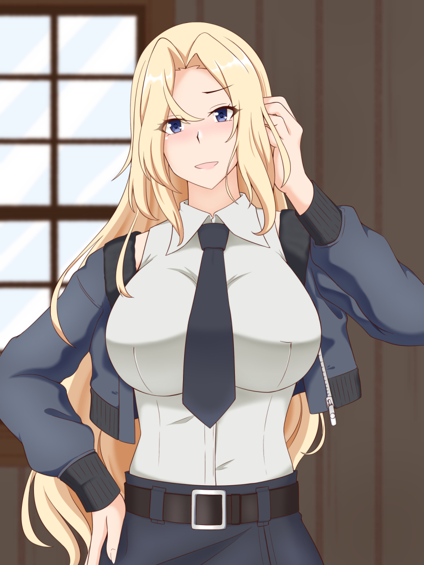 1girl adjusting_hair belt black_belt black_jacket black_necktie black_skirt blonde_hair blue_eyes bomber_jacket breasts dress_shirt highres hornet_(kancolle) jacket kantai_collection lactone large_breasts long_hair long_sleeves necktie shirt skirt sleeveless sleeveless_shirt solo upper_body white_shirt