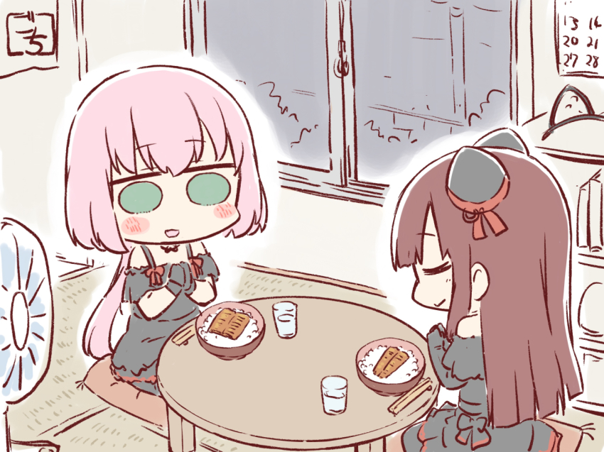 2girls animal_ears artist_name assault_lily bare_shoulders black_dress black_gloves black_legwear blunt_ends blush book bowl brown_hair calendar_(object) cat_ears chibi chopstick_rest chopsticks closed_eyes closed_mouth commentary_request cup cushion dress drinking_glass elbow_gloves electric_fan fake_animal_ears fish_(food) food gloves gochisousama_(tanin050) gozen_(assault_lily) green_eyes grilled_eel hairband hairpods hands_up indoors kabayaki long_hair looking_at_food low_ponytail multiple_girls no_pupils off-shoulder_dress off_shoulder on_floor outline own_hands_together palms_together pantyhose parted_lips pink_hair ponytail praying profile rice seiza shelf short_sleeves sidelocks sitting smile table tatami toda_eulalia_kotohi unadon_(food) unworn_hairband water white_outline window