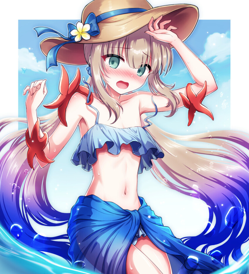1boy bikini blue_bikini blue_hair blue_sarong blue_sky blush captain_nemo_(fate) cloud crossdressing fate/grand_order fate_(series) frilled_bikini frills gradient_hair green_eyes hat highres light_brown_hair long_hair low_twintails male_focus multicolored_hair navel nemo_(fate) nose_blush open_mouth sarong shell_ocean sky solo starfish sun_hat swimsuit trap twintails very_long_hair