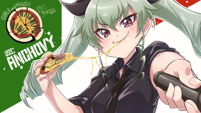 1girl :t anchovy_(girls_und_panzer) anzio_(emblem) artist_name black_necktie black_ribbon black_shirt brown_eyes character_name cheese cheese_trail closed_mouth commentary_request copyright_name dress_shirt drill_hair eating emblem food food_on_face foreshortening girls_und_panzer green_hair hair_ribbon holding holding_food holding_riding_crop long_hair looking_at_viewer loose_necktie necktie partial_commentary pizza pizza_slice pomita ribbon riding_crop shirt signature sleeves_rolled_up smile solo twin_drills twintails wing_collar