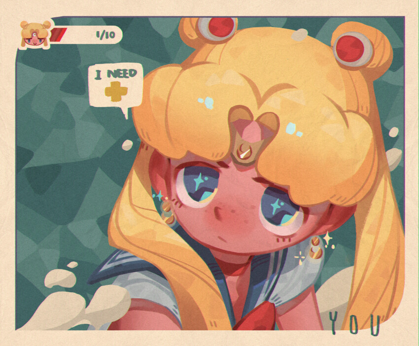 +_+ 1girl :/ bishoujo_senshi_sailor_moon blonde_hair blue_eyes bow bowtie choker circlet closed_mouth crescent crescent_earrings double_bun earrings english_text hair_bun heads-up_display health_bar highres jewelry long_hair magical_girl meme profile red_bow red_bowtie red_choker sailor_collar sailor_moon sailor_moon_redraw_challenge_(meme) sailor_senshi_uniform solo tsukino_usagi twintails user_interface xinyue_xu