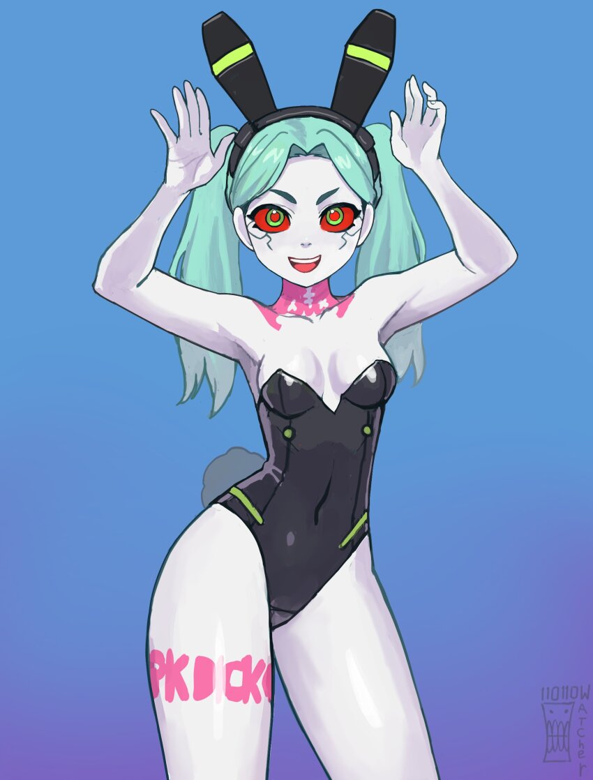 1girl :d absurdres alternate_costume arms_up artificial_eye artist_logo artist_name bare_shoulders breasts colored_sclera colored_skin commentary cyberpunk_(series) cyberpunk_edgerunners cyborg english_commentary green_hair highres leg_tattoo leotard logo long_hair looking_at_viewer mechanical_eye neck_tattoo open_mouth pink_tattoo playboy_bunny rebecca_(cyberpunk) red_pupils red_sclera simple_background small_breasts smile solo standing strapless strapless_leotard tattoo twintails watcher_hollow white_skin