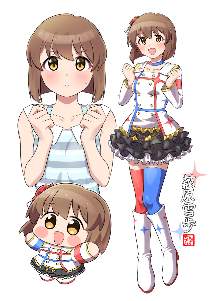 1girl absurdres black_skirt blue_choker blue_thighhighs blunt_bangs blush blush_stickers bob_cut boots brown_eyes brown_hair chain character_name chibi chibi_inset choker dress eyelashes flower frilled_skirt frills full_body gold_trim hagiwara_yukiho hair_flower hair_ornament highres idolmaster idolmaster_(classic) idolmaster_million_live! idolmaster_million_live!_theater_days inverted_bob long_sleeves mismatched_thighhighs multicolored_choker multiple_views ngetyan no_sclera official_alternate_costume red_choker red_thighhighs short_hair signature skirt sleeveless sleeveless_dress sparkle sparkle_print starpiece_memories_(idolmaster) striped_clothes striped_dress sweatdrop thighhighs upper_body white_background white_boots white_dress wing_collar
